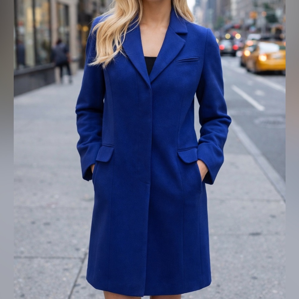 Cobalt Blue Wool Tailored Button Long Coat With Pockets and Kick Back Pleat